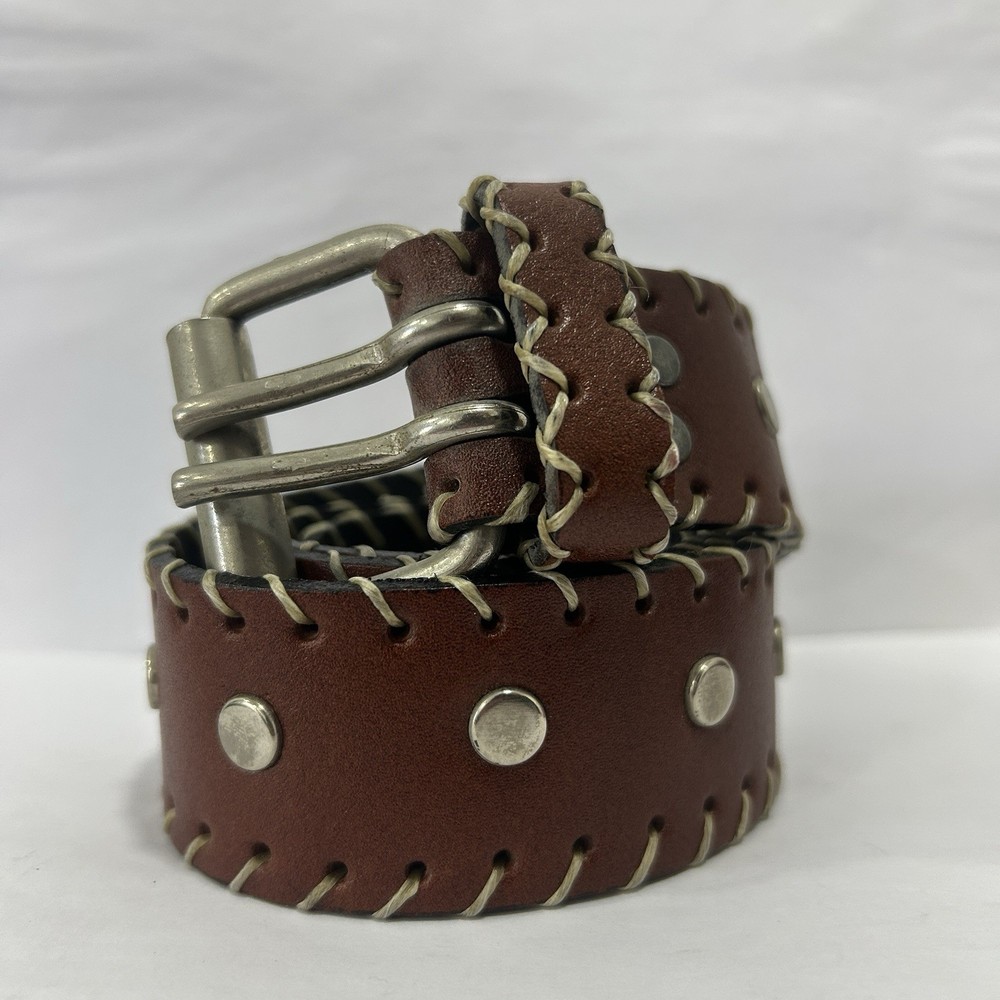 Studded Brown Belt Size 34 Buckle Double Prongs Stitched Western Cowboy Theme
