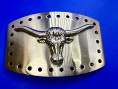 Longhorn Steer Skull Raised Silver Tone Large Belt Buckle With Hole Border