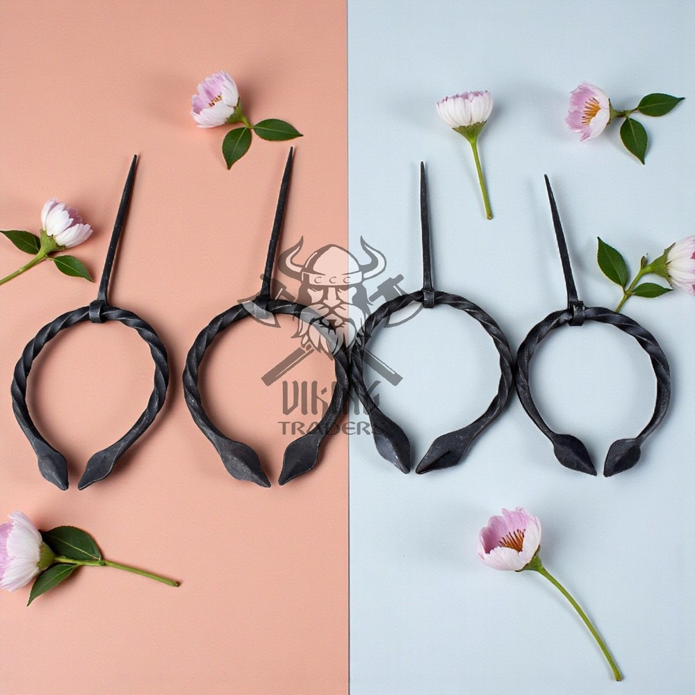 Hand-Forged Medieval Viking Iron Brooch Leaf Design Cloak Pin ( Set of 4)