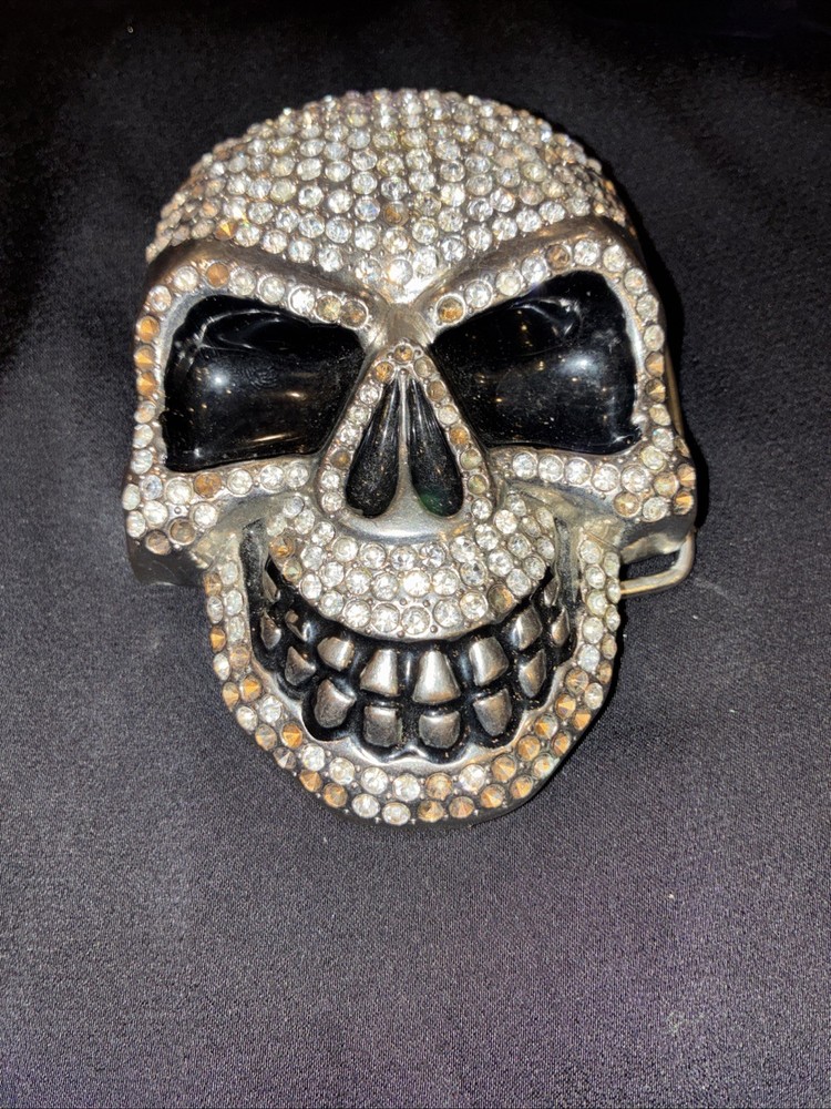 Heavy Rhinestone Skull Belt Buckle Silver Tone Black Enamel Gothic Punk