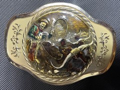 MBCI Belt Buckle Mens Gold Tone Western Cowboy Rodeo Roping Longhorn Enamel
