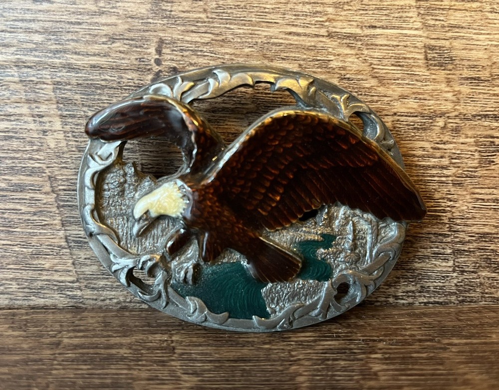 C & J VTG 90s Flying Eagle Belt Buckle Enamel Glaze USA Made Pewter Look NICE!