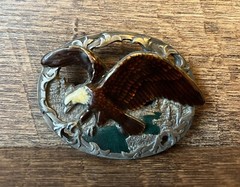 C & J VTG 90s Flying Eagle Belt Buckle Enamel Glaze USA Made Pewter Look NICE!