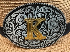 Antiqued Silver Gold Initial K Oval Western Cowboy Floral Vine Belt Buckle