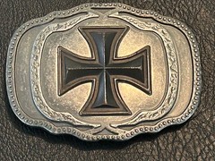 Iron Cross belt buckle, Maltese style symbol with dark enameled finish