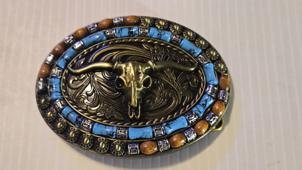 WESTERN COWBOY RODEO LONGHORN BULL SKULL Metal Belt Buckle (BRASS LOOKING)