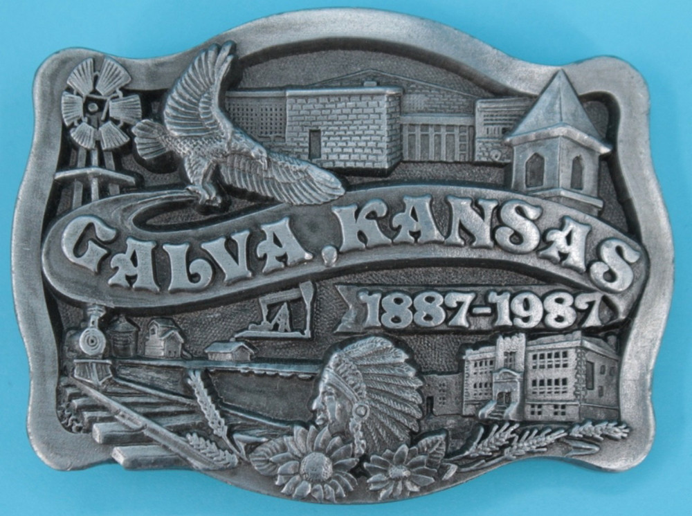 VTG 80s Galva Kansas Centennial Commemorative Western Belt Buckle