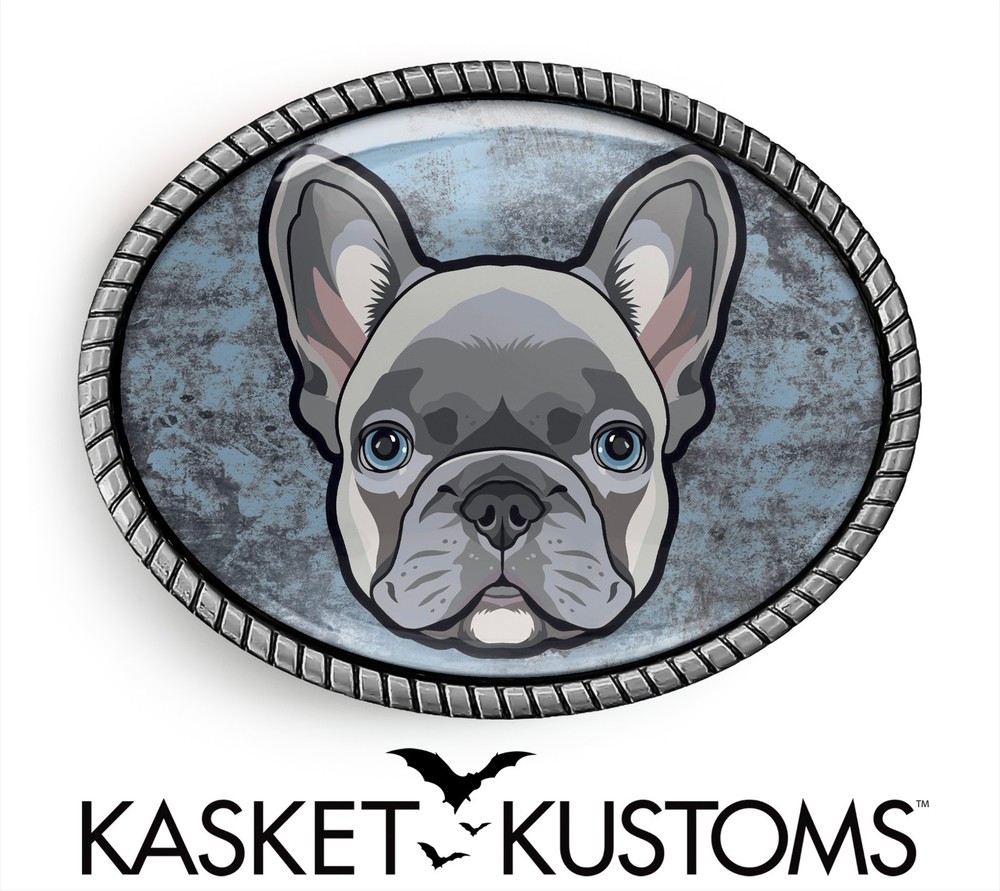 Frenchie Belt Buckle – French Bulldog Boy Puppy, Silver or Gold, Oval Buckle