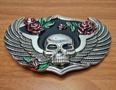 Winged Skull with Roses Metal Enamel Belt Buckle Silver Black Red fits 1.5&Prime; Belt
