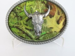 New Skull Bull Steer Cow Belt Buckle Green Camo Background in Package