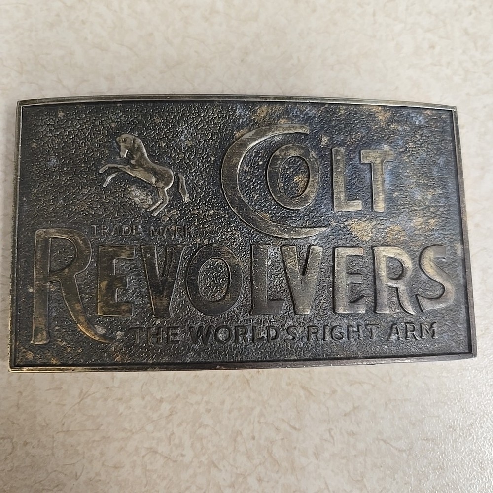 Vtg COLT REVOLVERS BRASS BELT BUCKLE ANTIQUE FINISH WESTERN « Worlds Right Arm »