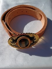 Tooled leather belt with western gold toned buckle w/tiger eye embellishment