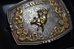 Ariat Western Belt Buckle Bull Rider Logo Silver & Gold tone A37065