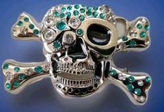 Skull Crossbones Rhinestone Belt Buckle Silver Tone Aqua White Heavy Metal