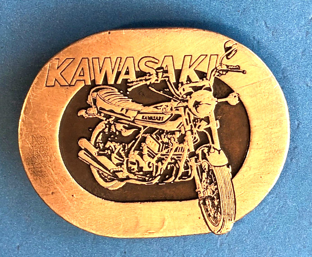 VINTAGE KAWASAKI TRIPLE BELT BUCKLE H1 H2 S1 S2 – ALSO HAVE OWNERS MANUAL LISTED