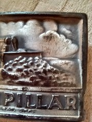 Neat Vintage Metal Caterpillar Tractors Belt Buckle w Farmer in Field 2×3&Prime; USA