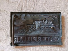 Neat Vintage Metal Caterpillar Tractors Belt Buckle w Farmer in Field 2×3&Prime; USA