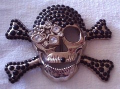 Belt Buckle – Skull & Crossbones – Silver with black & clear Rhinestone Bling