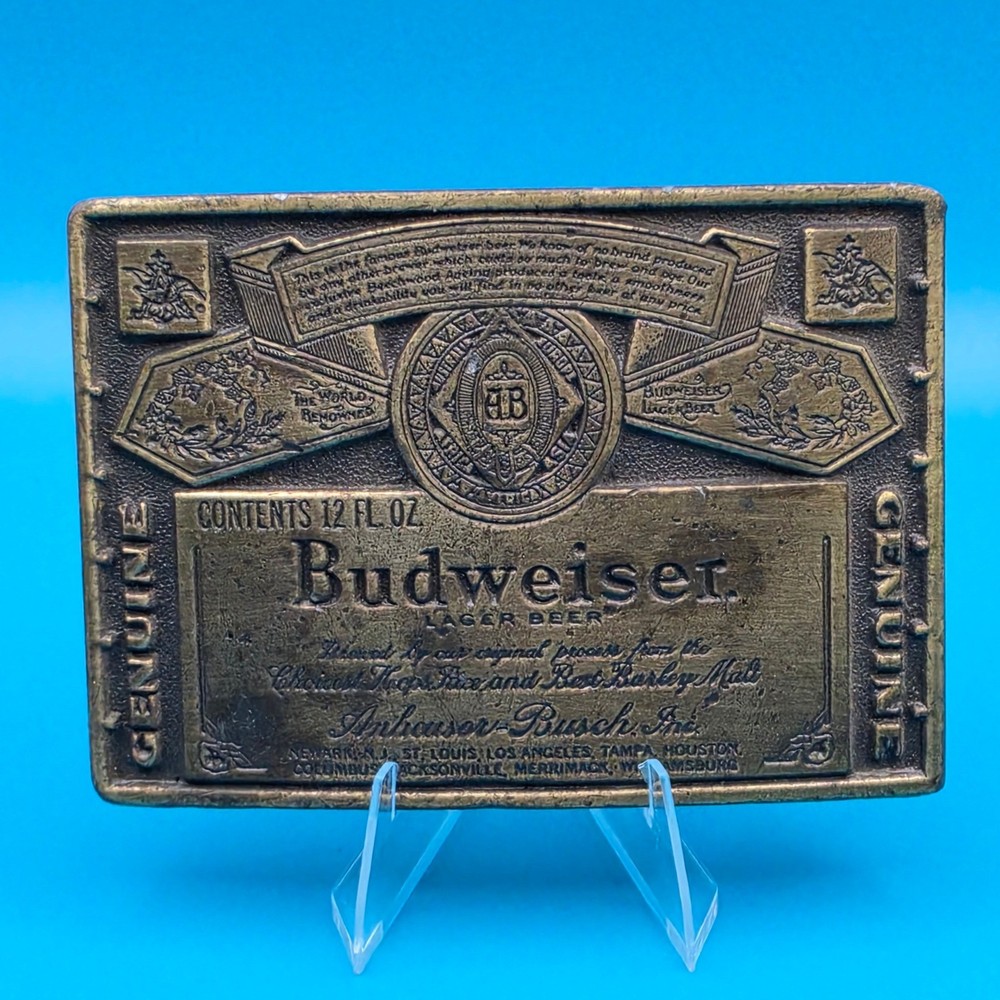 Budweiser Lager Beer Belt Buckle Odeco Inc Anheuser-Busch Brass Label Design