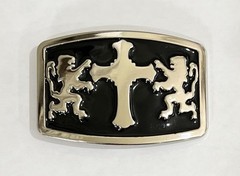 Mens Belt Buckle Black Silver With Double Lions and Cross 4×3” Vintage