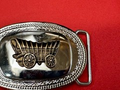 Vintage Covered Wagon On Reflective Oval Two Tone Western Belt Buckle