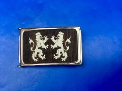 Crowned Griffon Lion&rsquo;s Family Crest Graphic Faux Wood Grain Belt Buckle