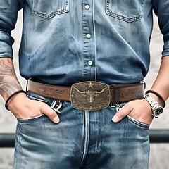 Evbopa Western Leather Belts for Men 33&Prime;-36&Prime;, Bronze Bull Buckle/Brown Belt