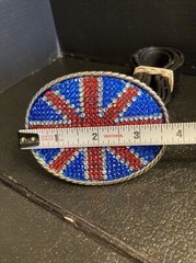 17) Union Jack British Flag Metal Belt Buckle Oval w/ Inset Stones & 36” Belt