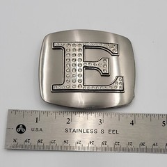 Initial E Monogram Square Belt Buckle Brushed Chrome With Rhinestones