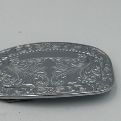 Western Floral Engraved Silver Tone Oval Belt Buckle Cowboy Scrollwork Design