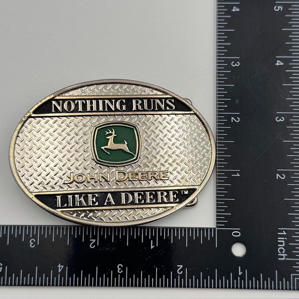 John Deere Belt Buckle Nothing Runs Like A Deere Silver Green Logo Diamond Plate