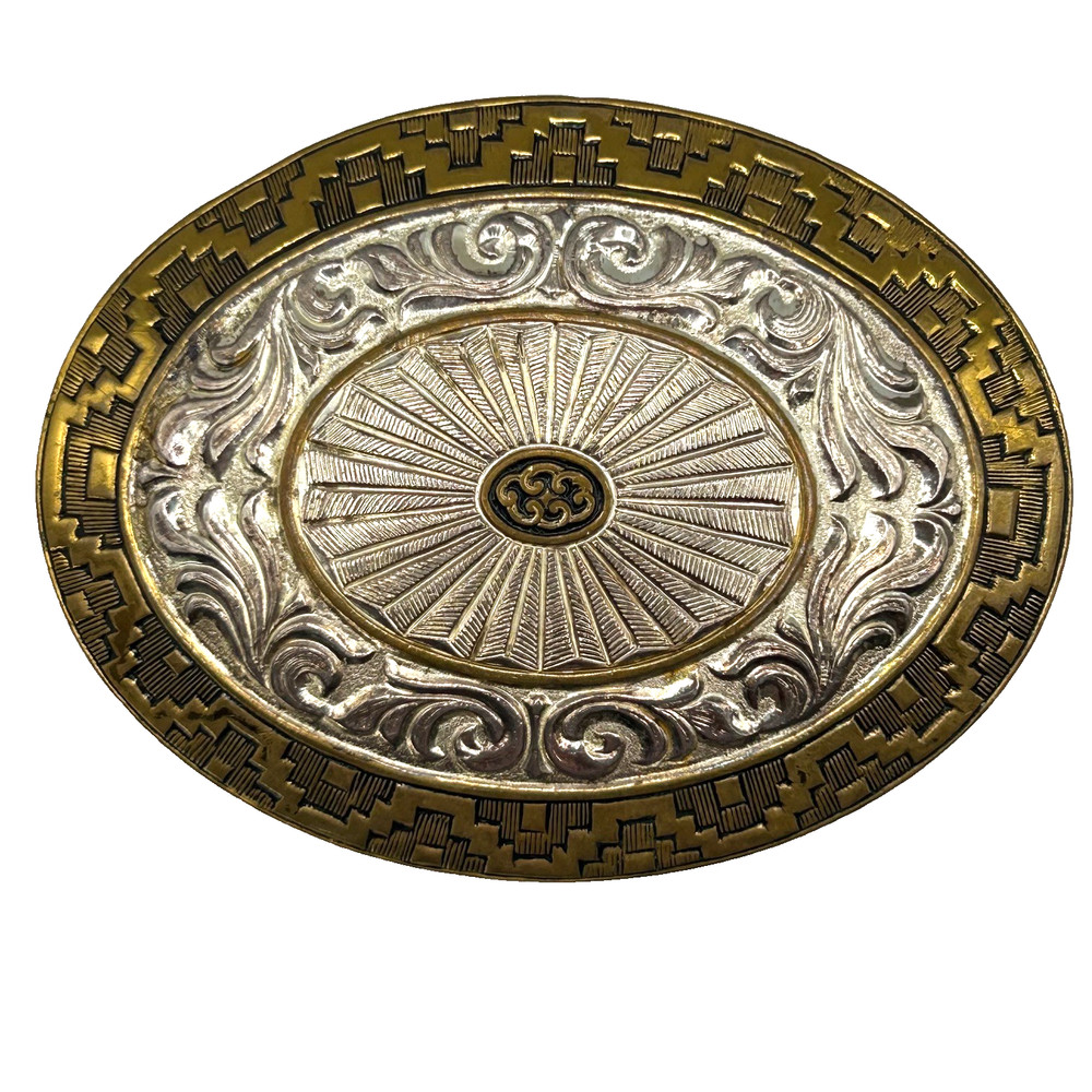 Crumrine Silver Plate Bronze Belt Buckle Sunburst Western Heavy USA Vintage LG