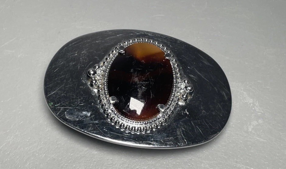 Vintage Western Oval Silver Tigers Eye Belt Buckle Chrome