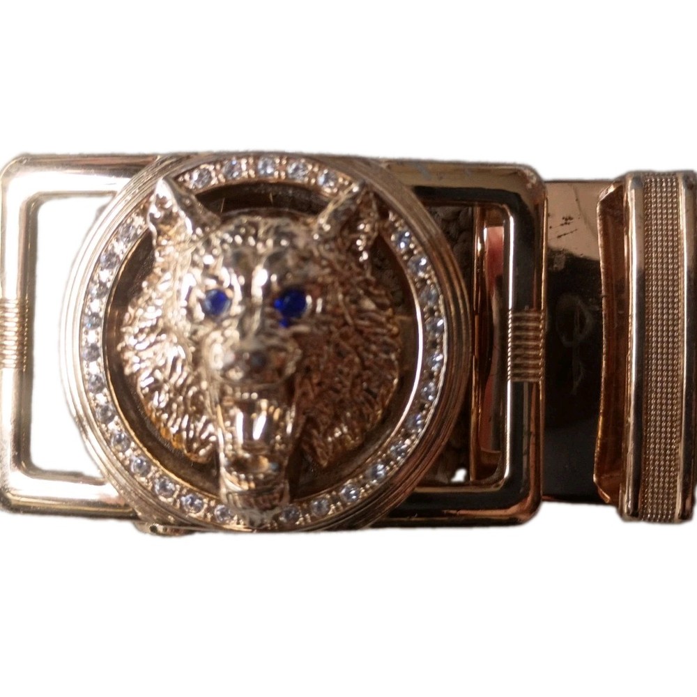 Gold Wolf Head Belt Buckle Rhinestone Blue Eyes Bling Hip Hop Mens Slide GUC