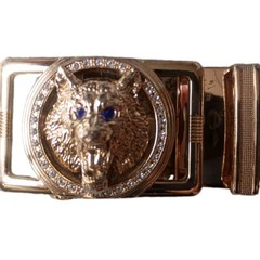 Gold Wolf Head Belt Buckle Rhinestone Blue Eyes Bling Hip Hop Mens Slide GUC