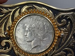 Vtg 1923 Peace Silver Dollar Coin Belt Buckle Engraved Scrollwork Western Cowboy