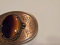Vintage – Tiger&rsquo;s Eye Gemstone Belt Buckle – Bronze color w/Decorative Engraving