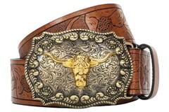 Mens-Western-Cowboy-Belt – Longhorn-Bull-Pattern Fit Waist 31-34 in Brown