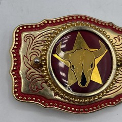 Western Longhorn Bull Skull Belt Buckle – Gold And Red Color
