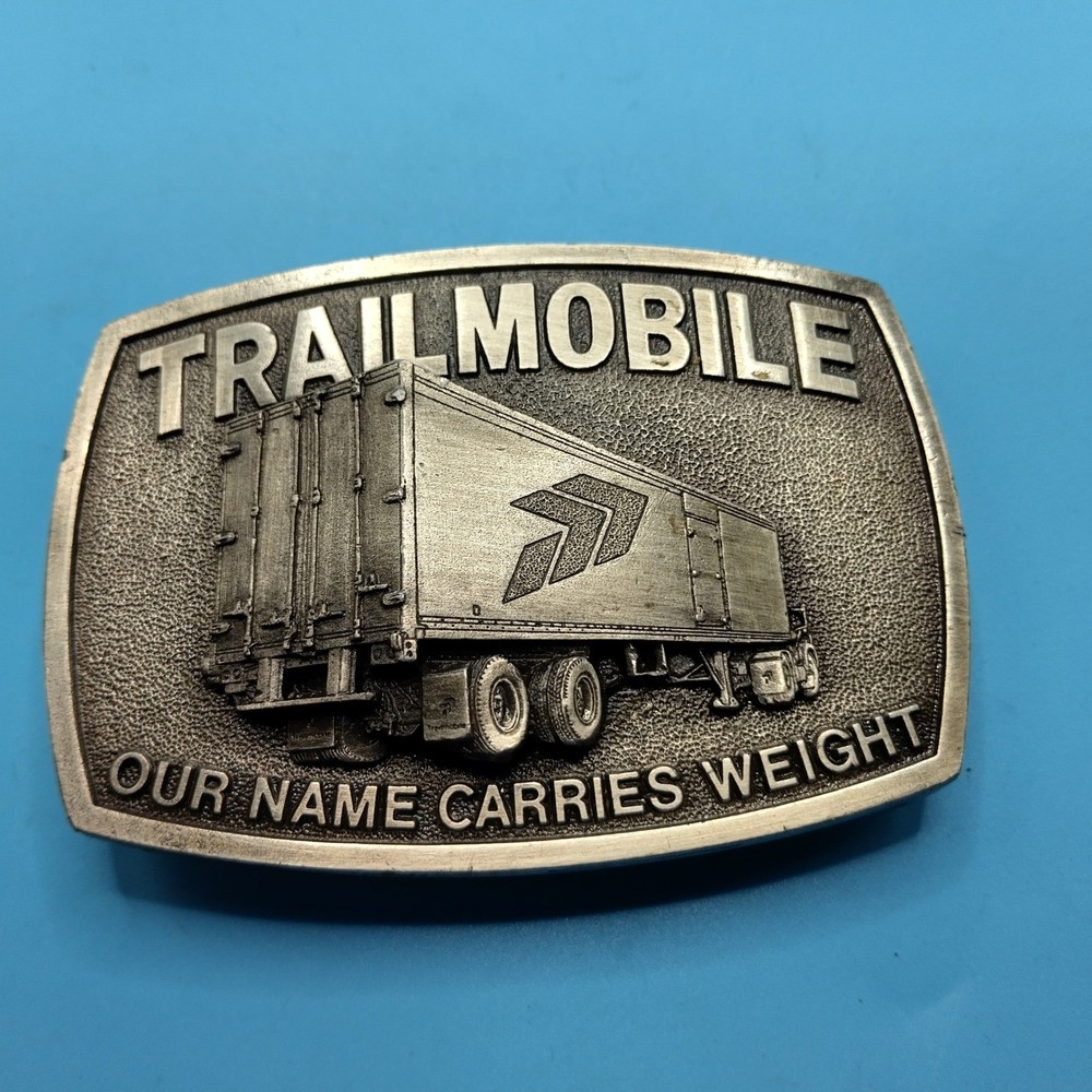 Vintage Trailmobile SemiTruck Trailer Belt Buckle Our Name Carries Weight Pewter