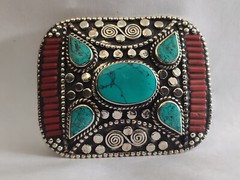 Tibetan Silver Belt Buckle Leather waist trap Turquoise Coral Clasp, B16
