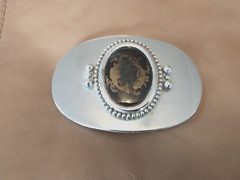 +Ornate Silver Belt Buckle w/Black & Brown Stone+