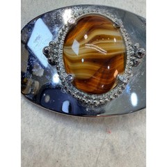 Vintage Western Silver Tone Oval Belt Buckle Brown Banded Agate Stone Beaded