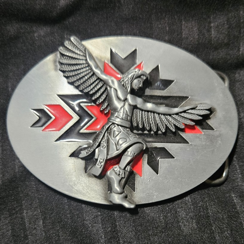 Oval Eagle Western Belt Buckle Metal Silver Tone with Red & Black Accents