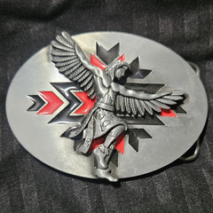 Oval Eagle Western Belt Buckle Metal Silver Tone with Red & Black Accents