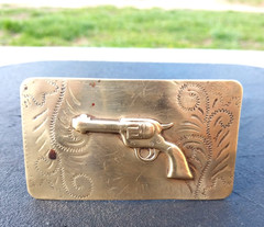Vintage Western Brass Belt Buckle Embossed Revolver Gun Pistol Solid Bar RARE