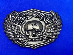 Skull With Wings Bones And Flowers Silver Color Metal Cutout Belt Buckle