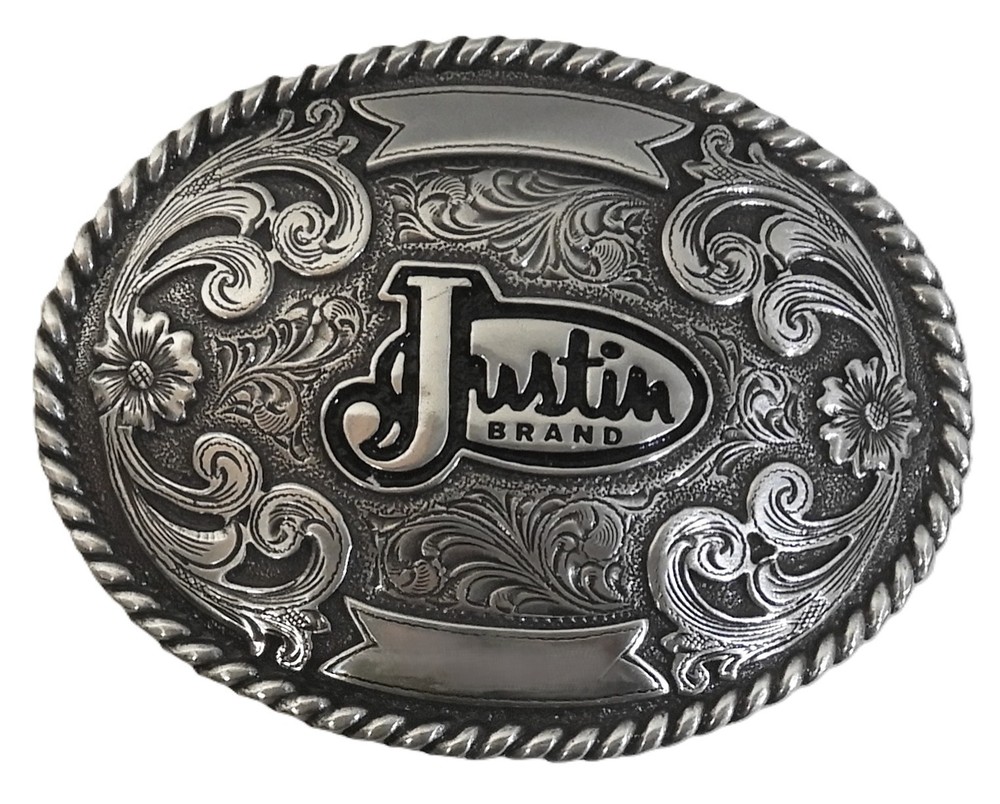 Justin Brand Western Belt Buckle, Silver-tone metal, cowboy, cowgirl 3.75 x 3&Prime;