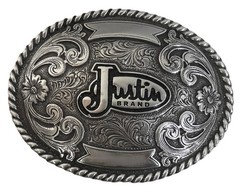 Justin Brand Western Belt Buckle, Silver-tone metal, cowboy, cowgirl 3.75 x 3&Prime;