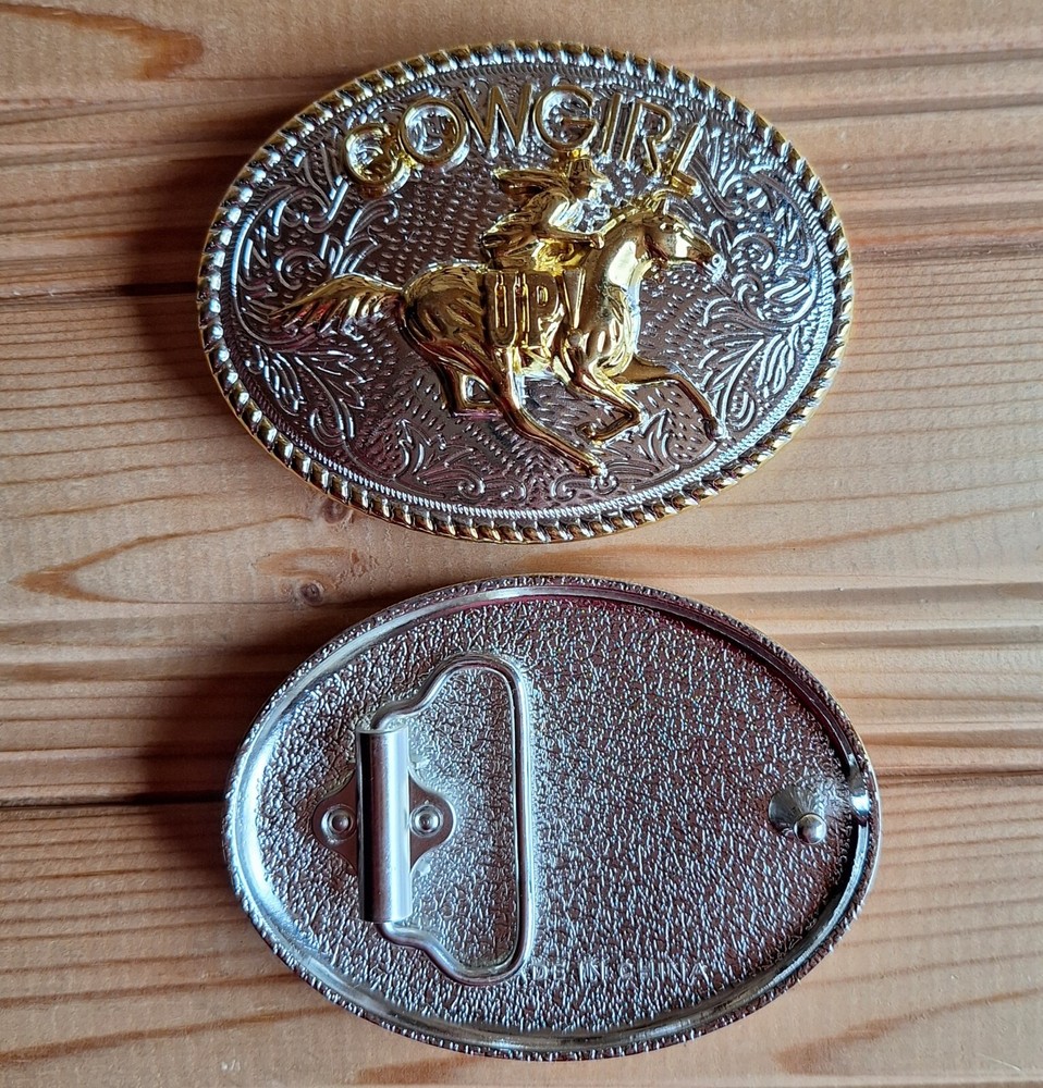 Cowgirl horse western country oval silver & gold belt buckle